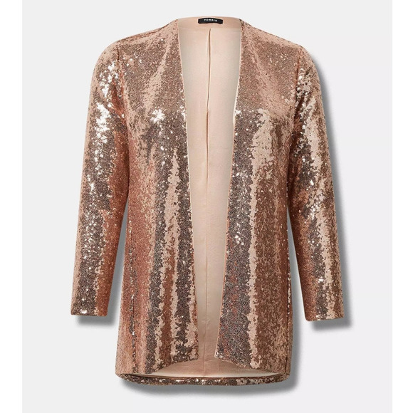 Torrid 3 (3X‎ 22/24) New Rose Gold Sequin Longline Party Blazer Jacket Holiday - Picture 2 of 3